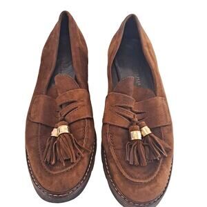 Stuart Weitzman Women Size 7.5 Spain Tassel Loafer Brown Suede Gold Trim Vintage
